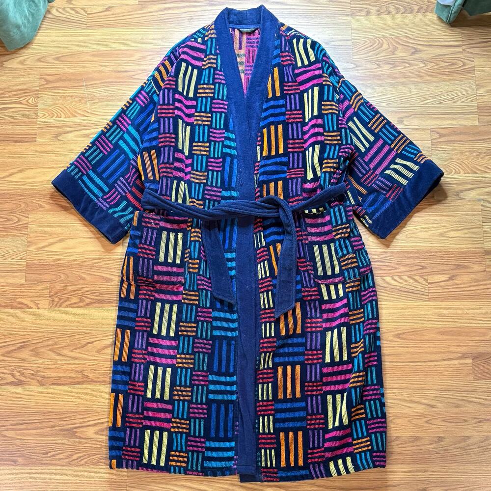 Vintage 1980s Christian Dior Robe Terrycloth Basketweave Multicolor Belted Mens